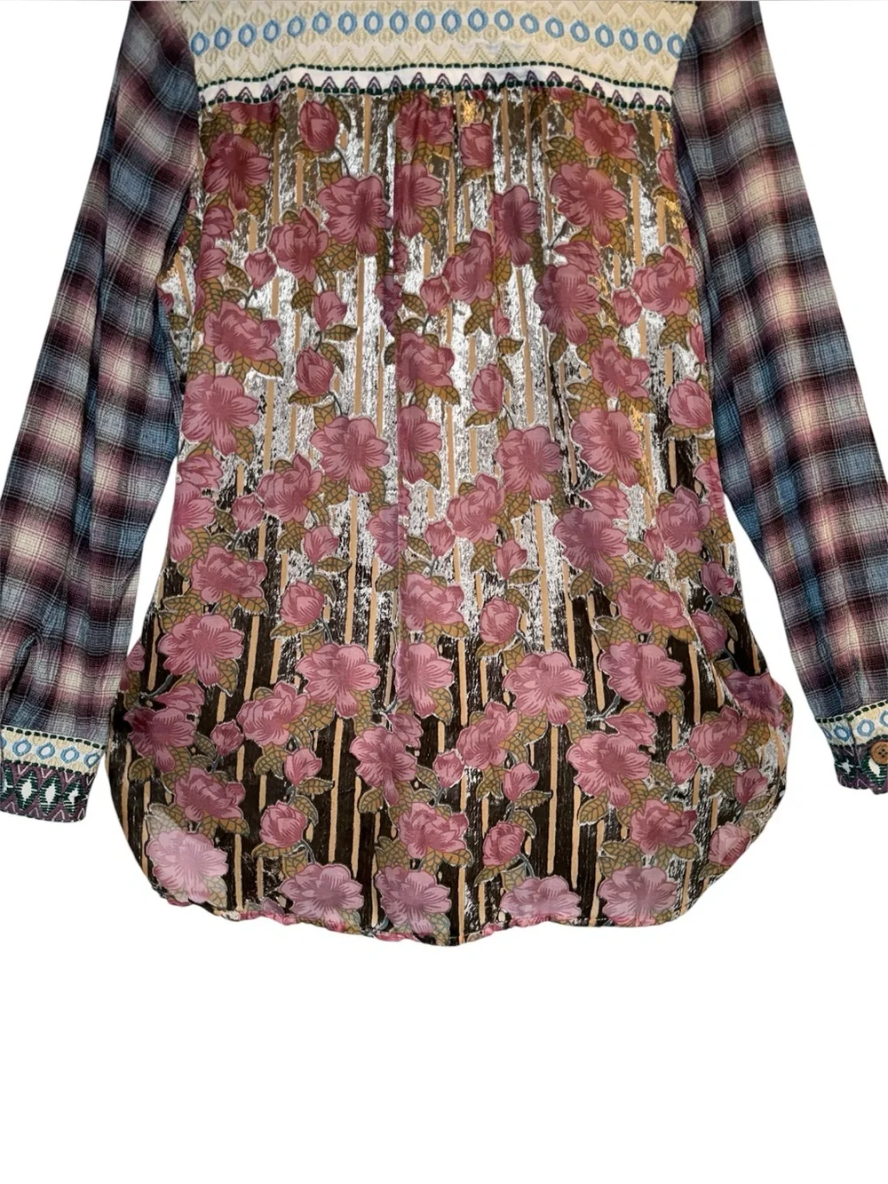 Soft Surroundings Velvet Burnout Floral Plaid Shirt Small